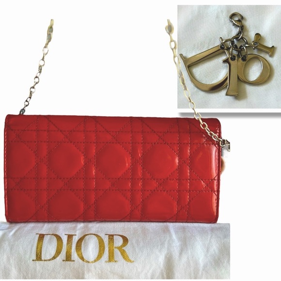 Lady Dior Cannage Quilted Cherry Red Patent Leather Calfskin Wallet Bag & Chain - Picture 3 of 17